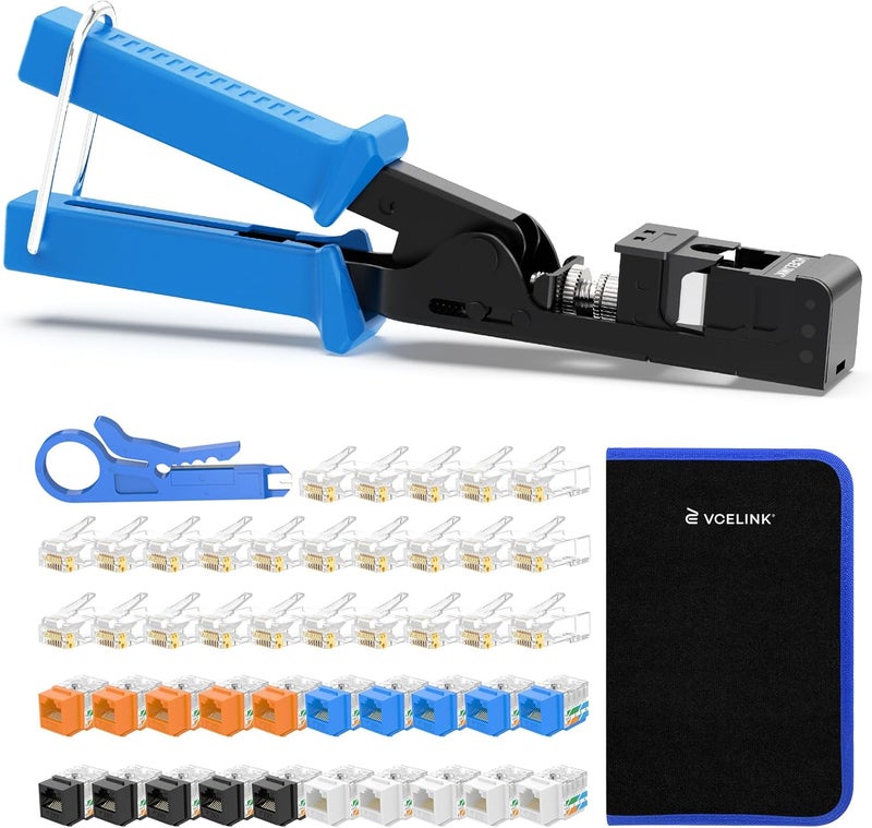 VCELINK Speed Termination Tool for VCE 90-Degree Keystone Jacks Punch Down Network Tool Kit with 20-Pack CAT6 Keystone Jacks UL-Listed, 25-Pack RJ45 Connectors, 1-Pack Mini Wire Stripper - Image 1